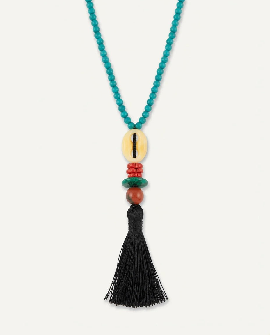 Collier Long – Perles Turquoise & Pompon