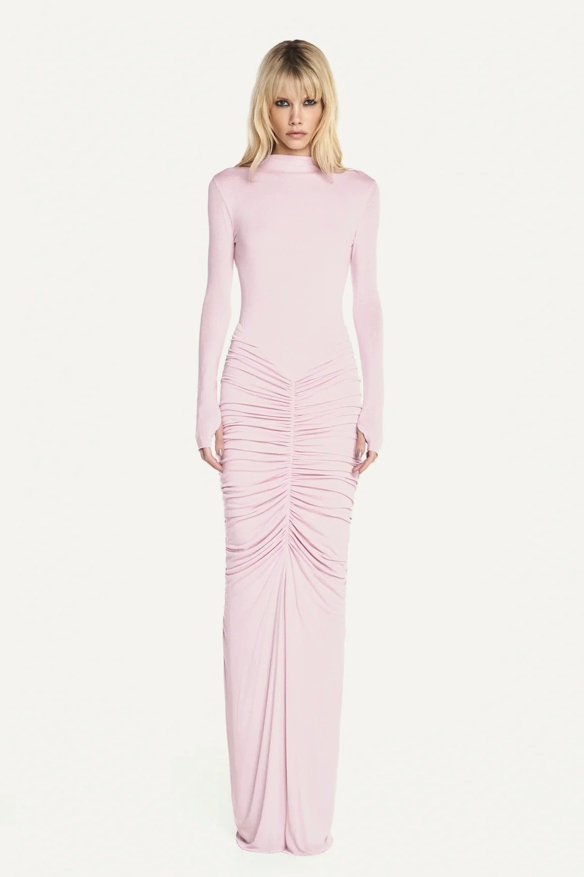 Robe longue drapée dos nu rose