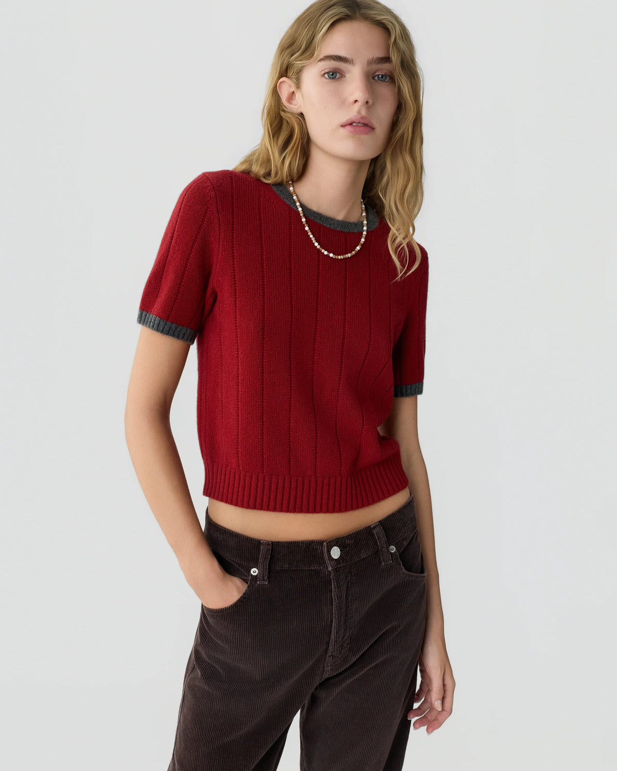Tee-Shirt Maille Rib Ringer - Carmine Charcoal