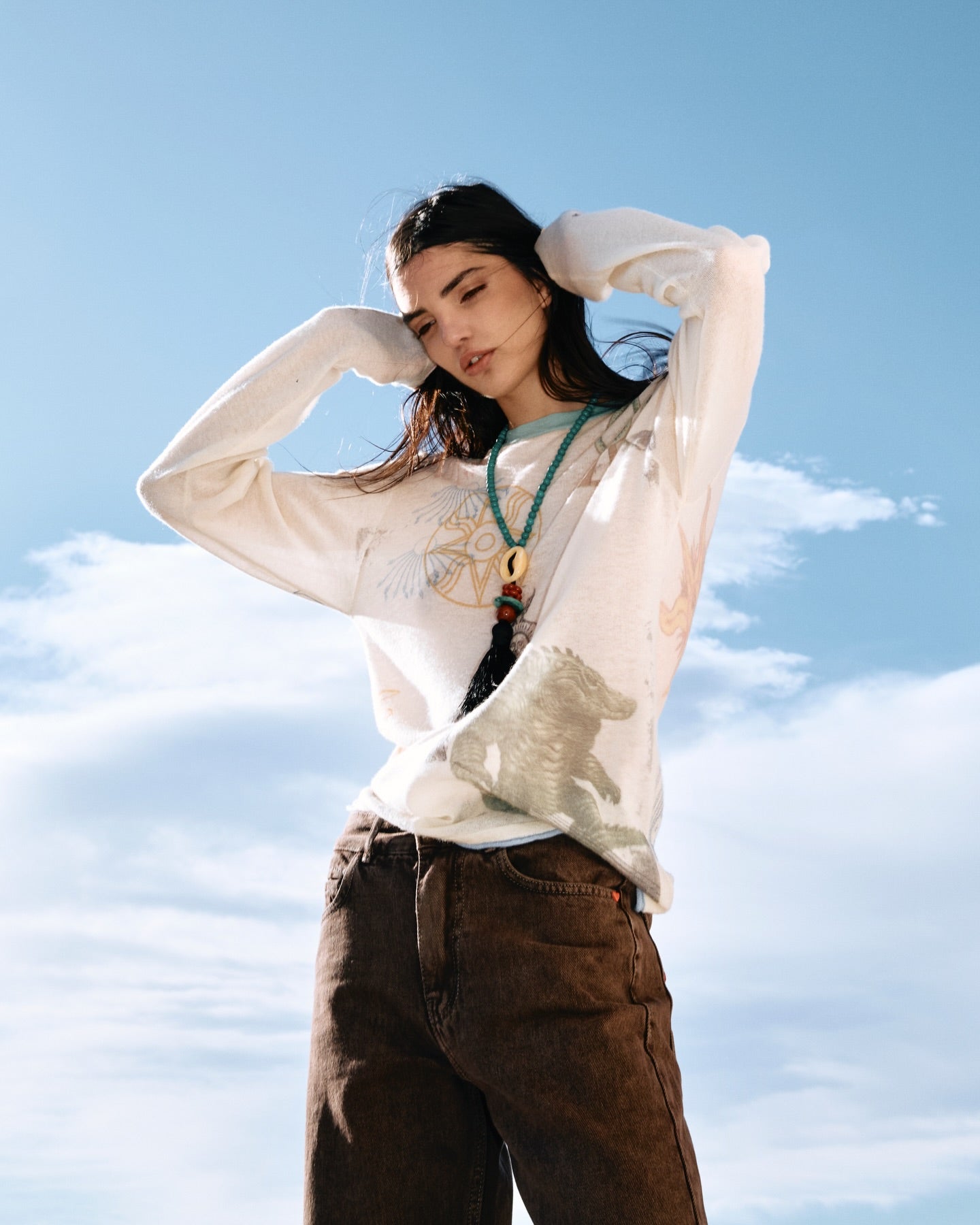 Collier Long – Perles Turquoise & Pompon