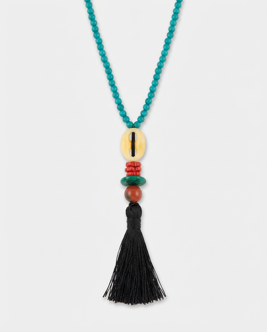 Collier Long – Perles Turquoise & Pompon