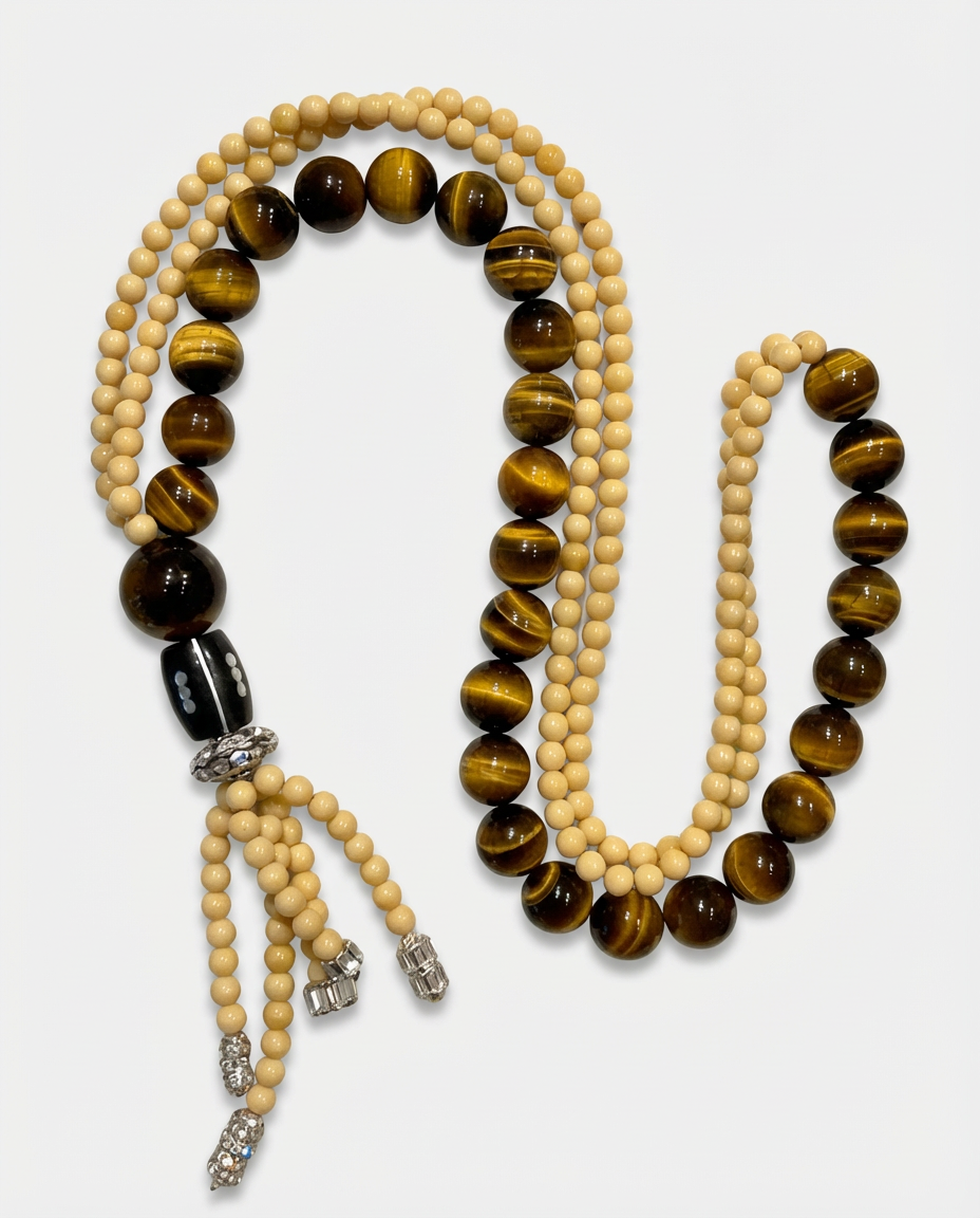 Collier Long – Œil de Tigre & Perles Beige