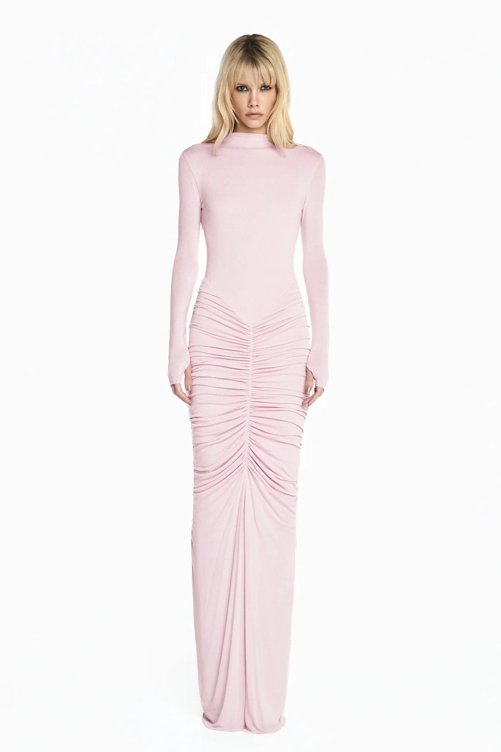 Robe longue drapée dos nu rose