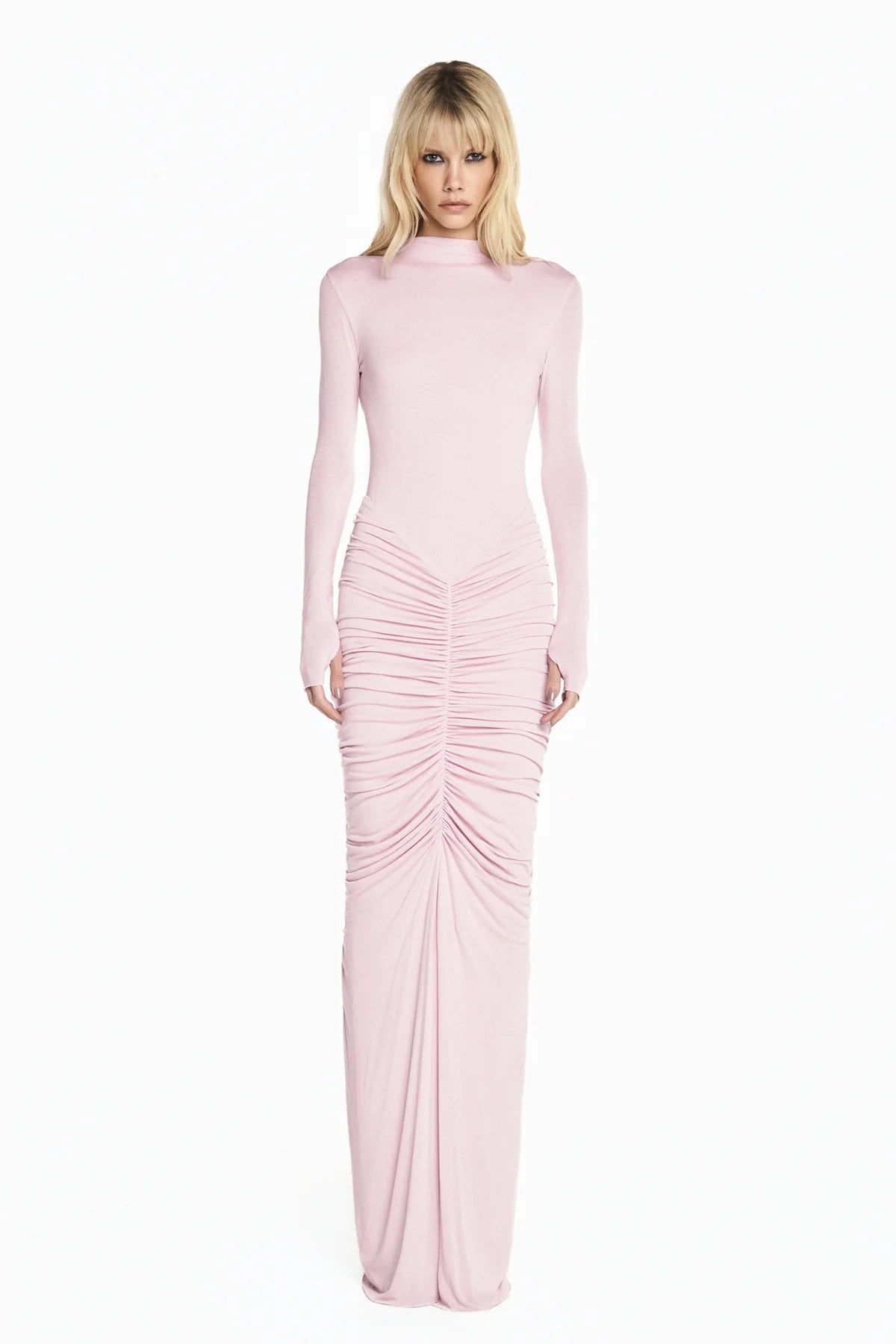 Robe longue drapée dos nu rose