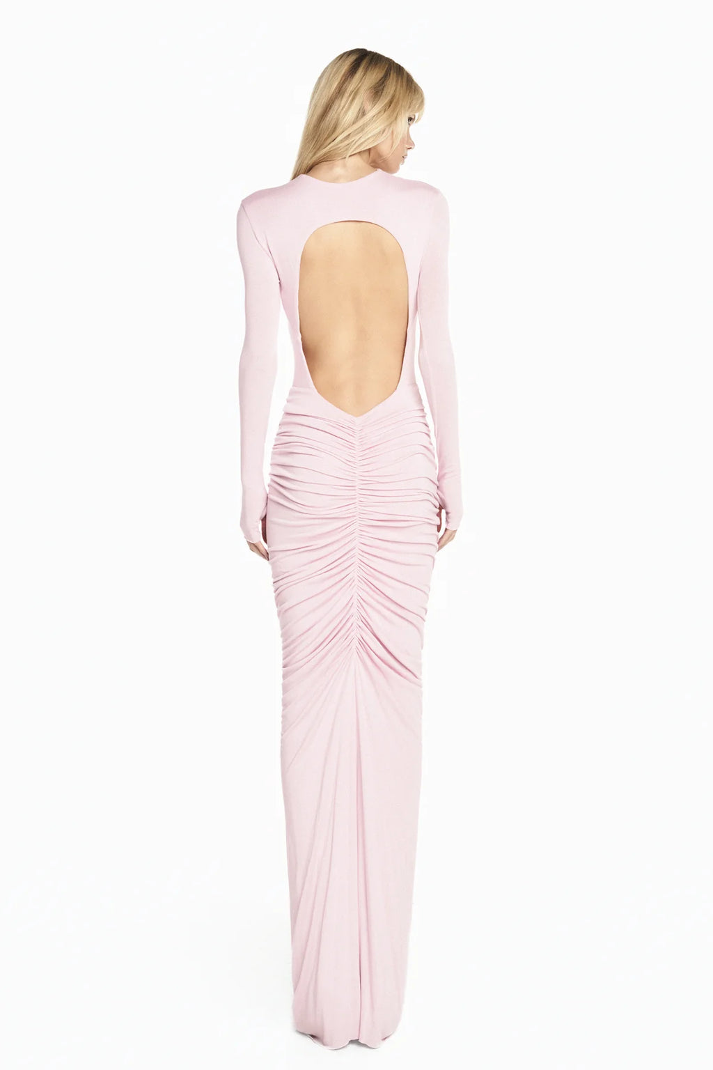 Robe longue drapée dos nu rose