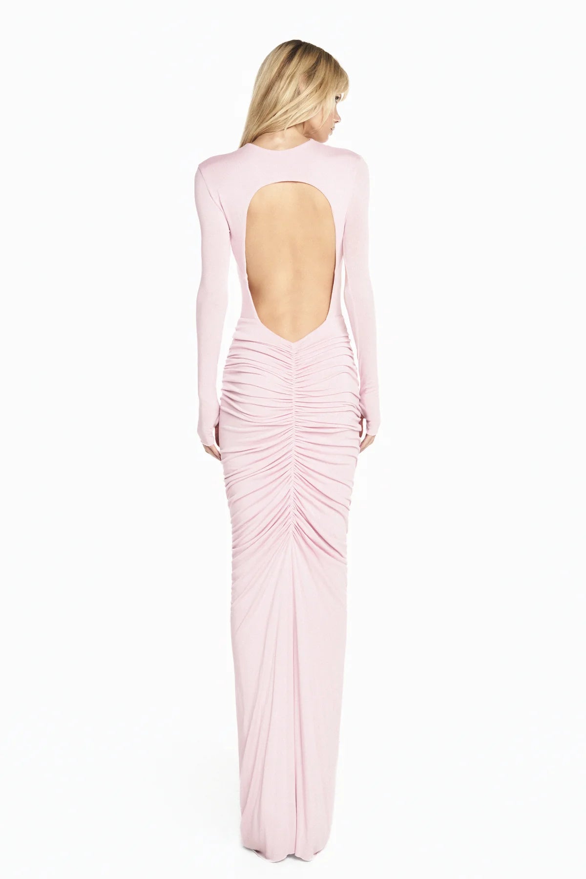 Robe longue drapée dos nu rose