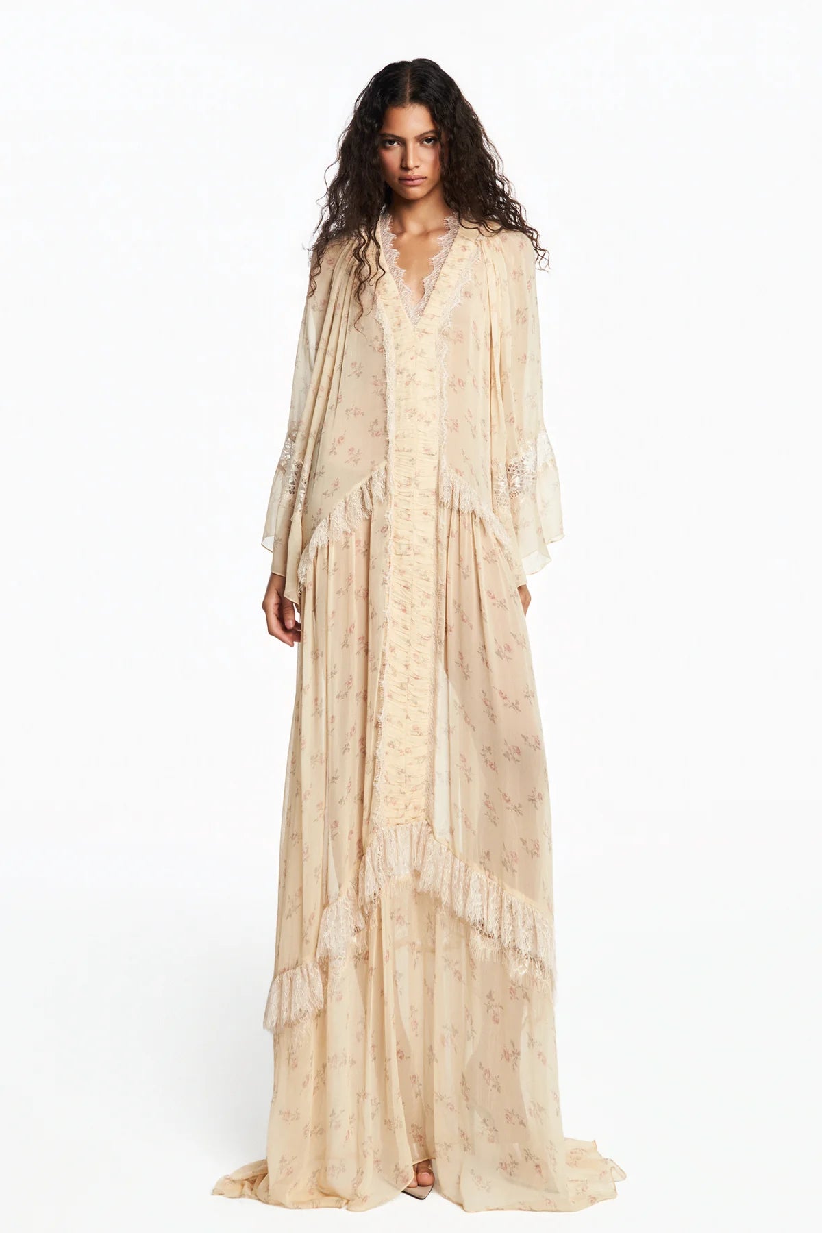 Robe Longue Fleurie en Chiffon et Dentelle